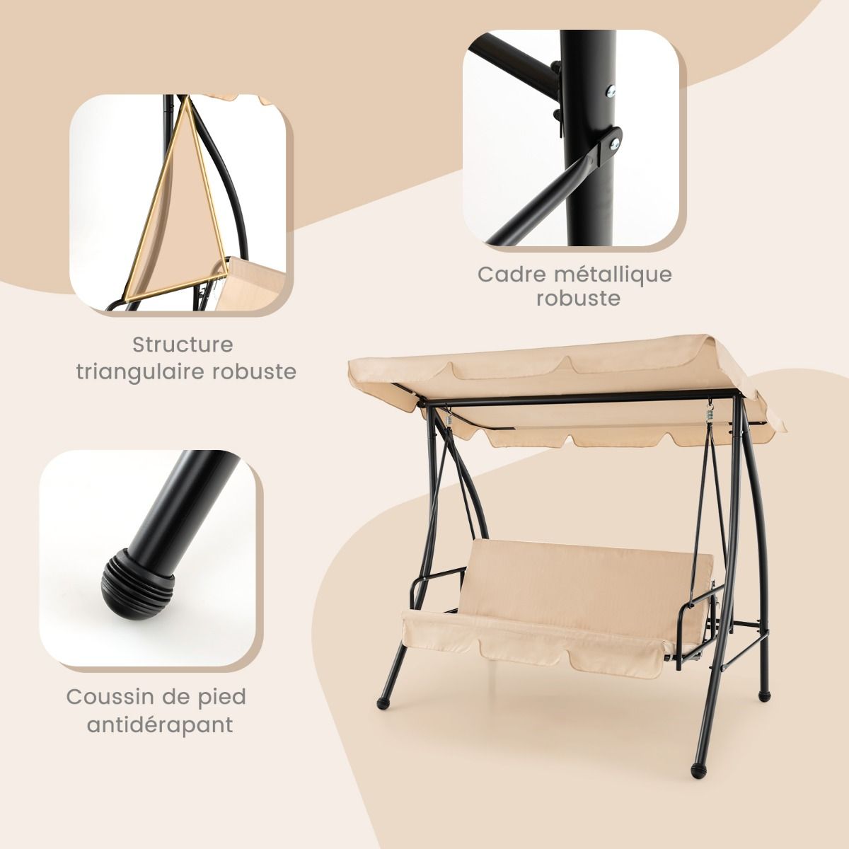 Balancelle d'Extrieur Convertible 2 Places avec Lit Plat Hamac de Terrasse avec Auvent Rglable et Coussin Amovible Pour Jardin -