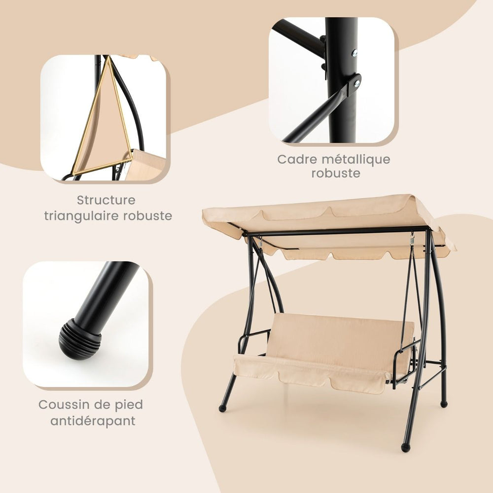 Balancelle d'Extrieur Convertible 2 Places avec Lit Plat Hamac de Terrasse avec Auvent Rglable et Coussin Amovible Pour Jardin -