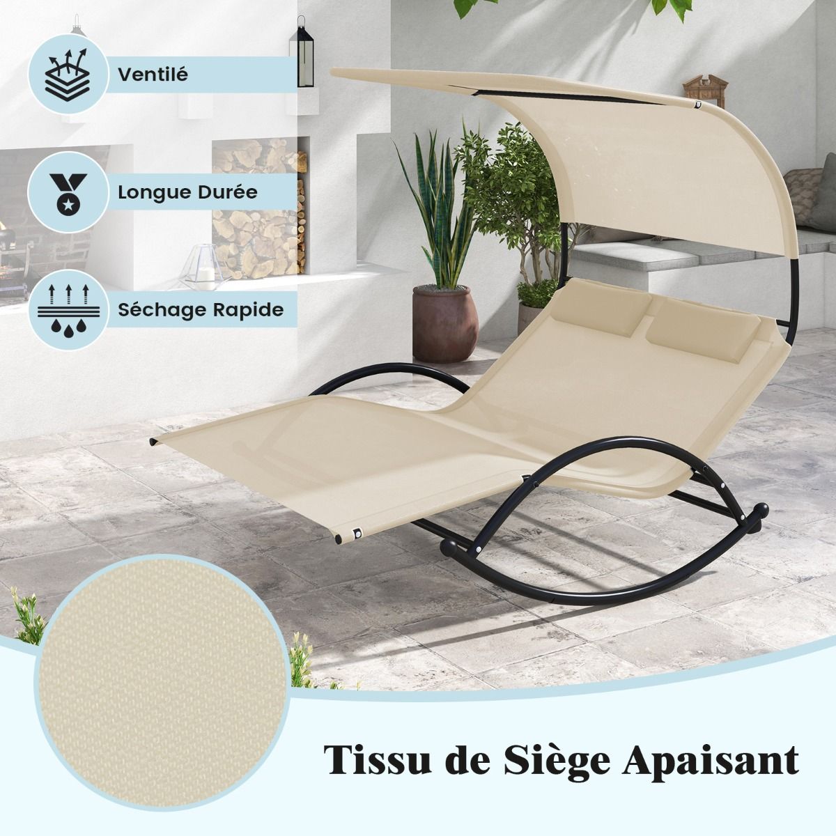 Chaise Longue Double Chaise  Bascule pour 2 Personnes 2 Appui-T锚tes Amovibles Cadre en Mtal Robuste Lit de Repos Ergonomique 2 Places Gris/Noir/Beige -