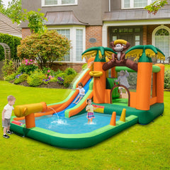 7 en 1 Château Gonflable Tropical à Thème Singe & Palmier avec Toboggan Aquatique avec Piscine & 50 Boules Charge 90kg pour 2 Enfants de 3-10 Ans -