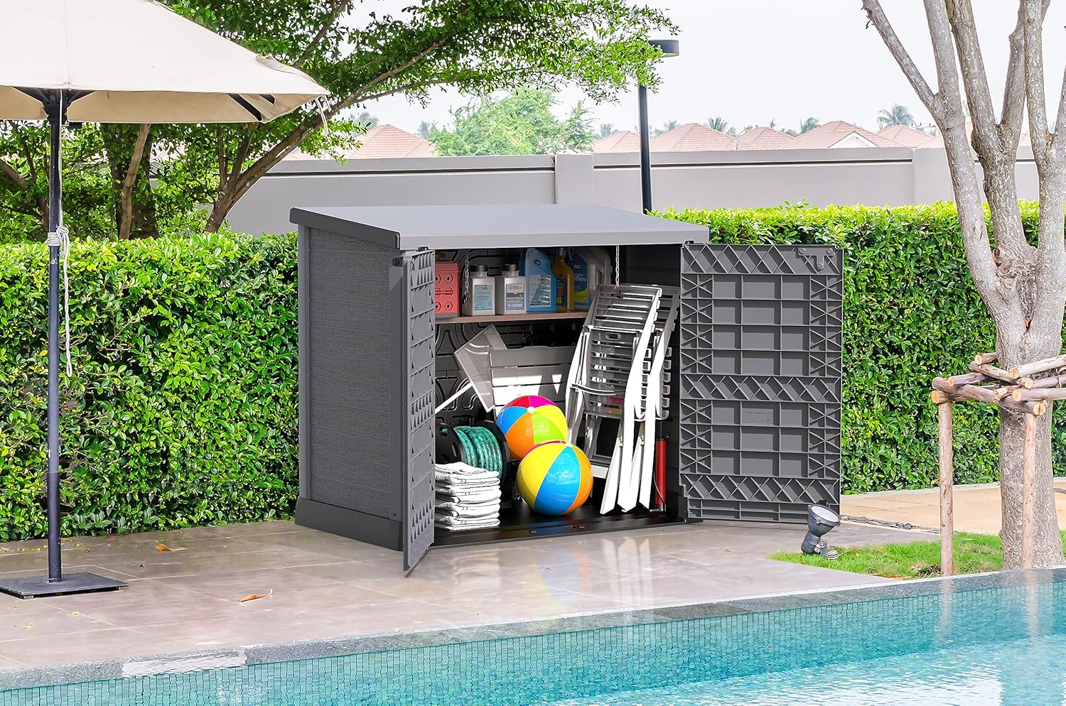 Duramax StoreAway 1200L Plastic Garden Shed/ Flat Lid,Outdoor Storage Shed,Wheelie Bin Hideaways,Wheelie bin box,Durable Construction,Ideal for Bikes,BBQs & 2x 240L Bins,145x85x125 cm,Brown