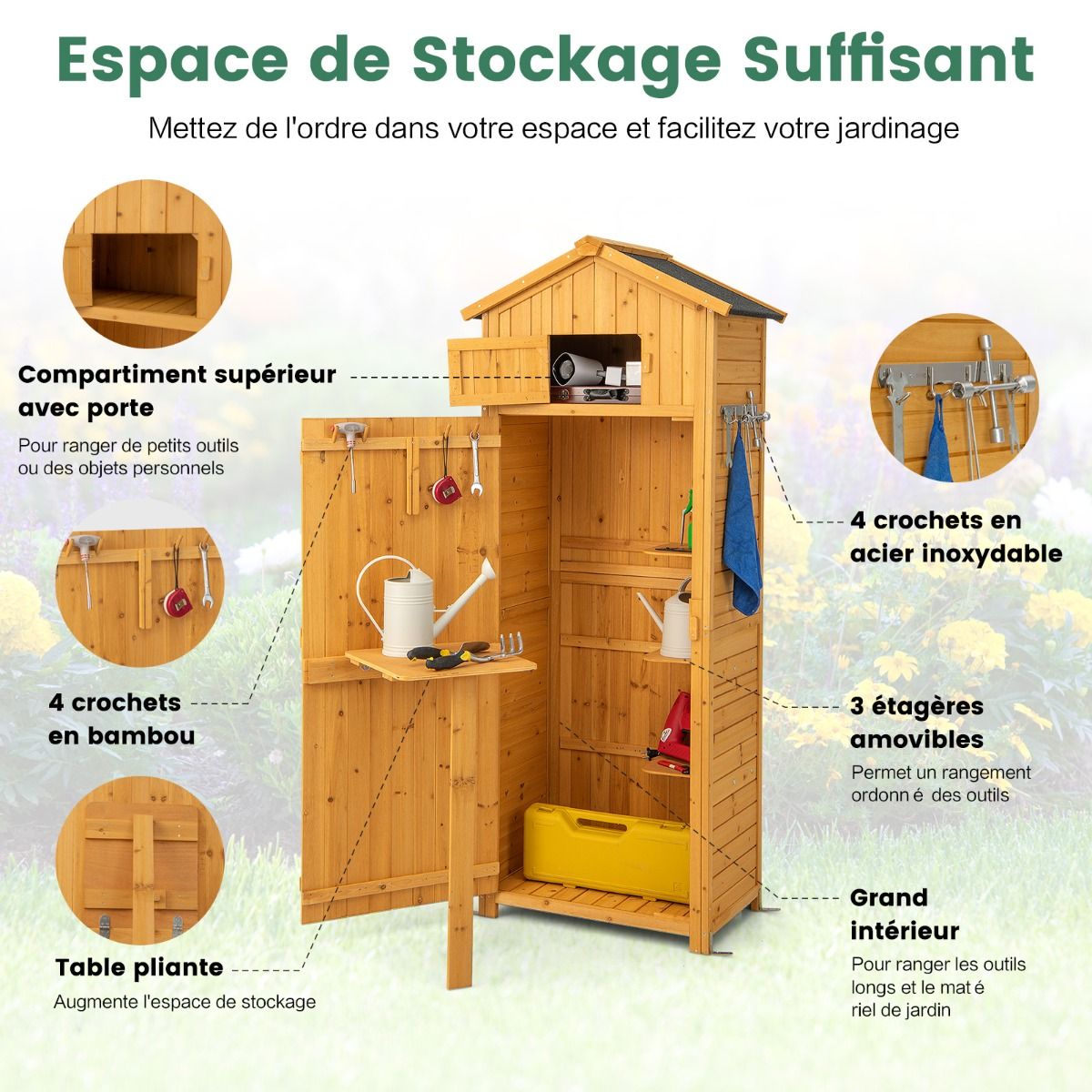 Armoire de Jardin en Bois Impermable avec Toit Abri de Jardin avec Table Pliable tagres et 8 Crochets 75x50x180,5CM -
