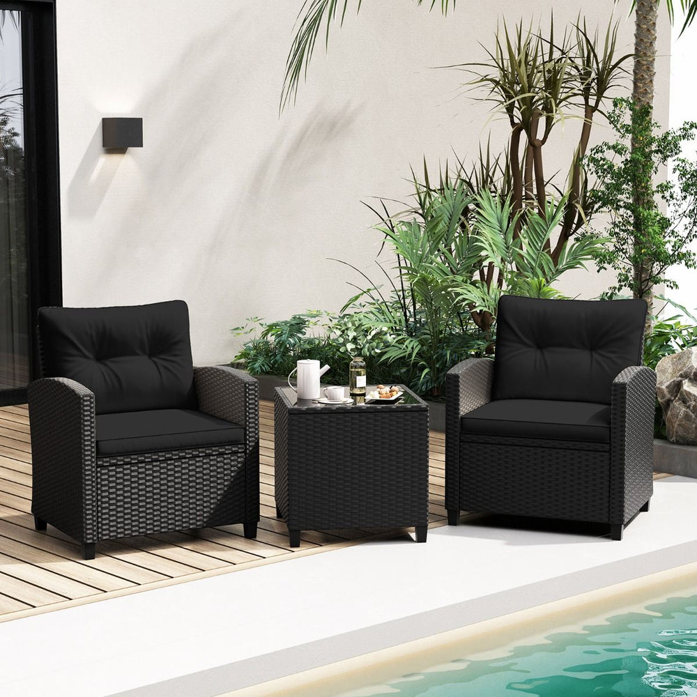 Ensemble de Meubles 3 Pices de Patio en Rotin Charge 180KG Salon de Jardin 2 Fauteuils Table Basse avec Plateau Noir/Beige/Blanc -