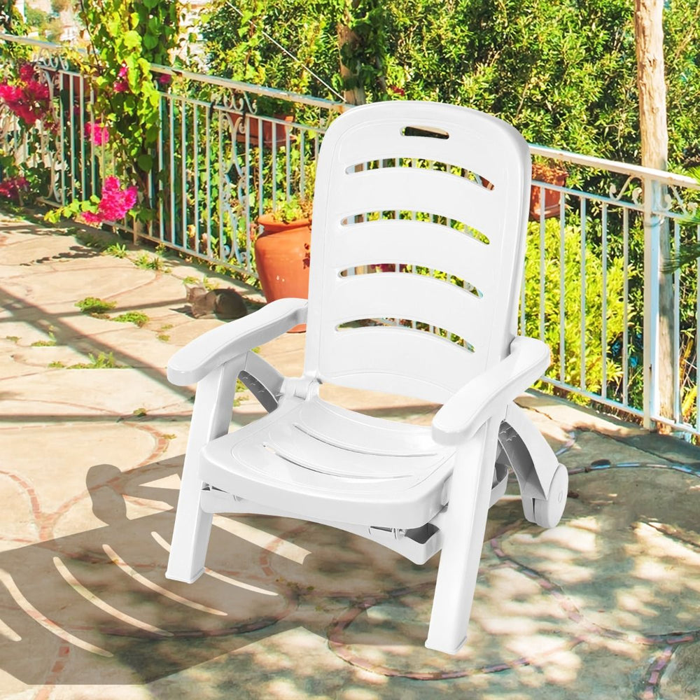 Chaise Longue Pliable Dossier Inclinable à 5 Positions avec Roues Intégrées pour Terrasse Jardin Piscine 150 kg Gris/Blanc/Bleu -