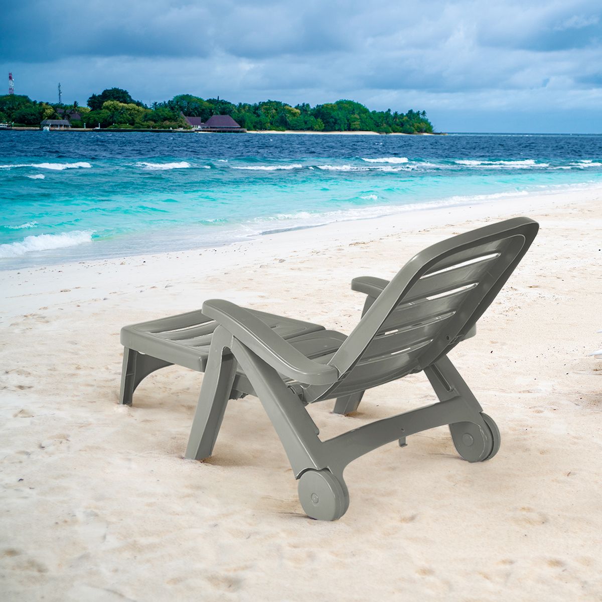 Chaise Longue Pliable Dossier Inclinable à 5 Positions avec Roues Intégrées pour Terrasse Jardin Piscine 150 kg Gris/Blanc/Bleu -