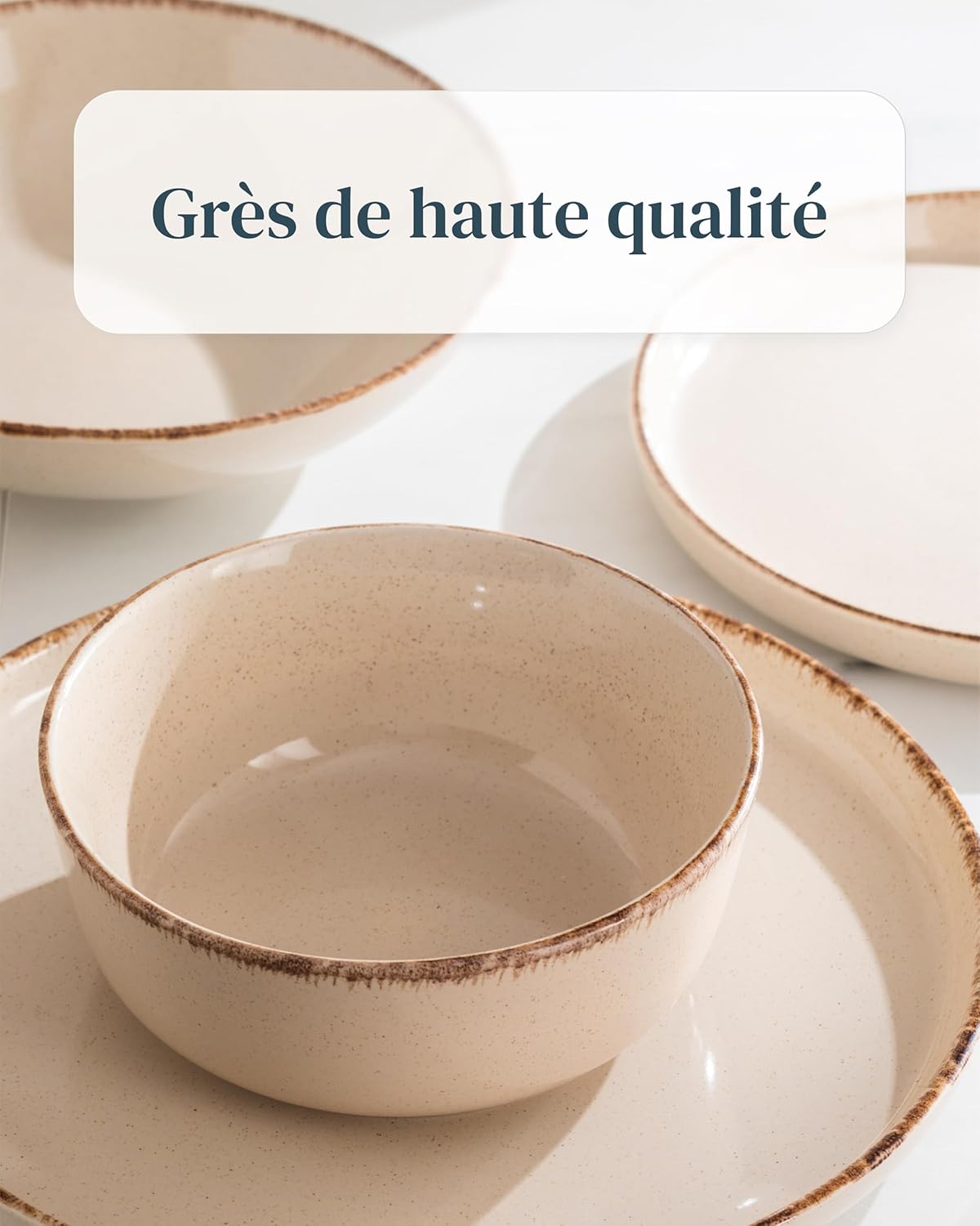 Ensemble Vaisselle en Grès 6 Personnes Rustique 24 pièces - Service de Table Rustique, Lavable au Lave-Vaisselle - Ensemble de Bols et Assiettes - Vaisselle de Table Pure Living en beige