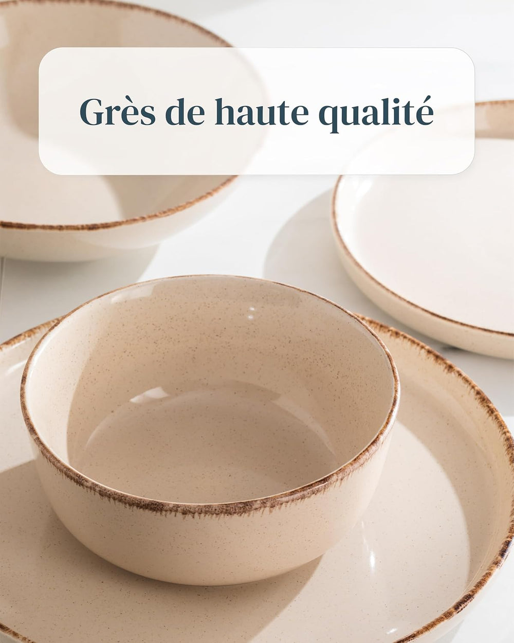 Ensemble Vaisselle en Grès 6 Personnes Rustique 24 pièces - Service de Table Rustique, Lavable au Lave-Vaisselle - Ensemble de Bols et Assiettes - Vaisselle de Table Pure Living en beige