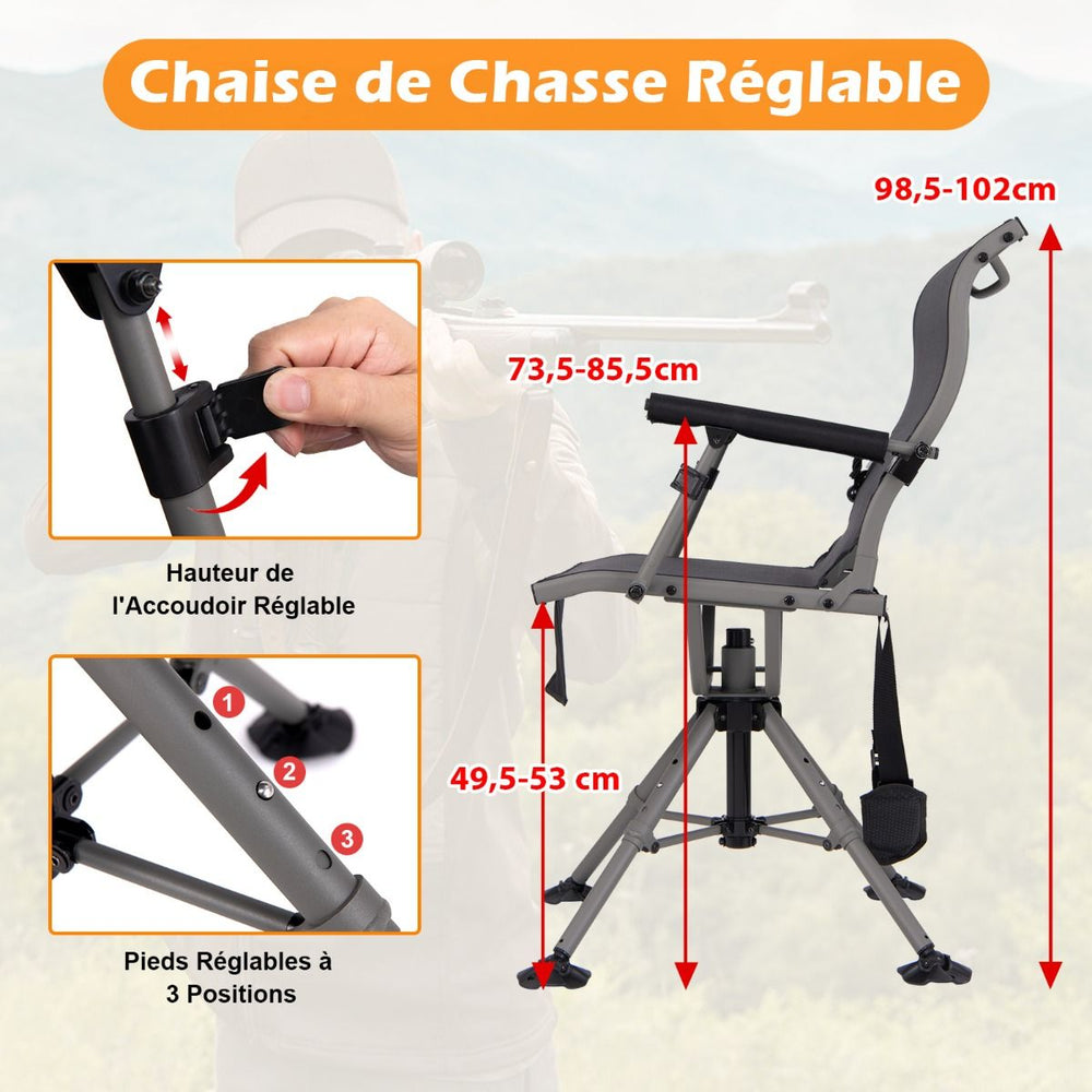 Chaise de Chasse Portable Chaise de Tir avec Siège de Pliable Réglables Rotation à 360° Support de Fusil Réglable Charge 150 kg Noir -