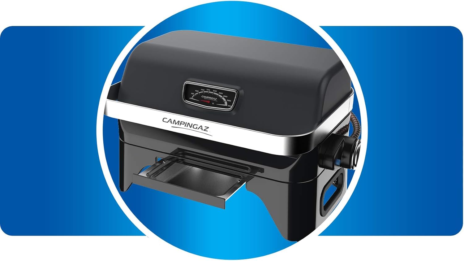 Attitude2go,Barbecue de Table  Faible fume,BBQ Portable, Couvercle,thermomtre,et Grille en Fonte,Alimentation : Cartouche de gaz CV 470 Plus,Gris