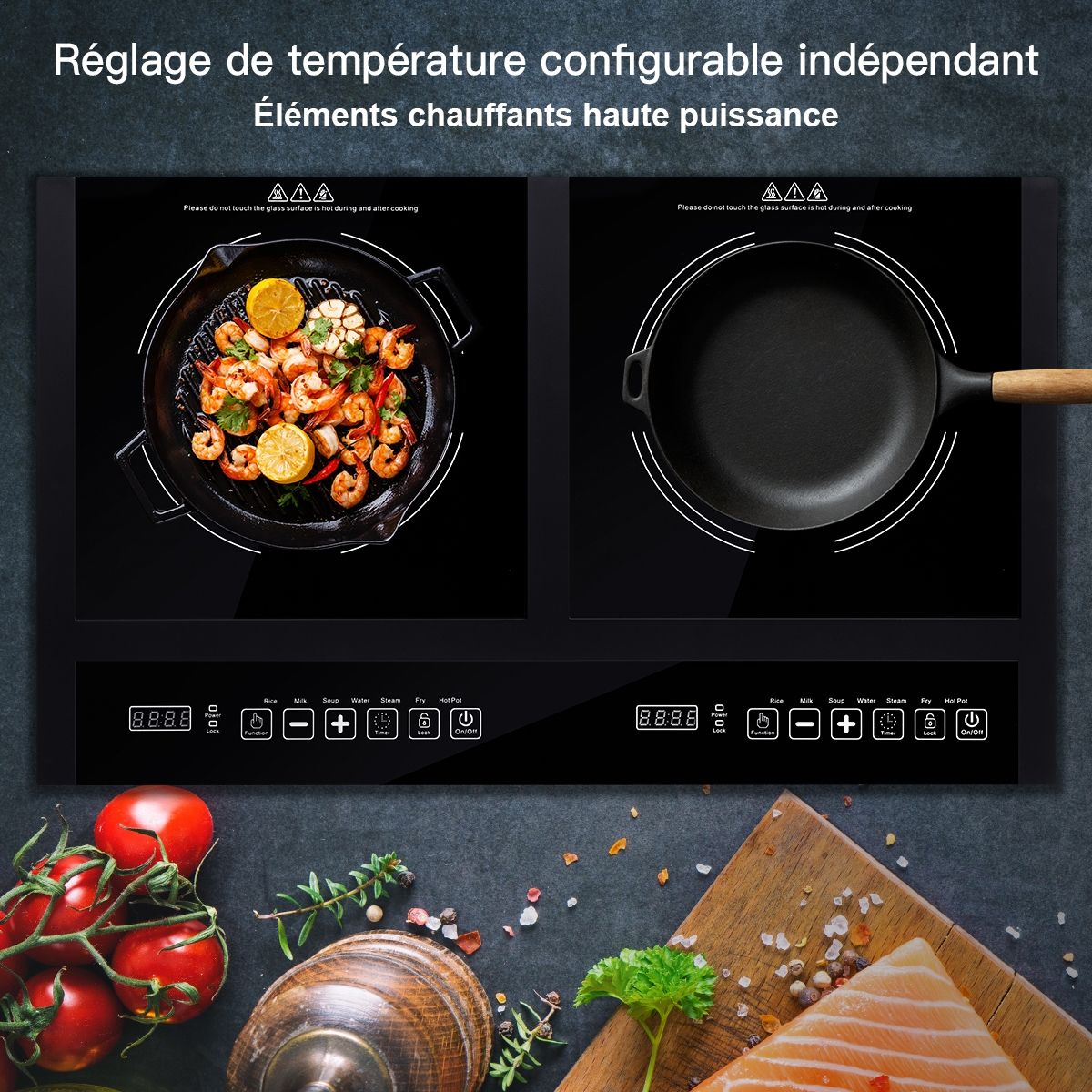 Double Plaque de Cuisson Electrique en Vitrocramique 1800W+1800W 2 Zones 8 Niveaux de Temprature/Puissance Variables Noir -