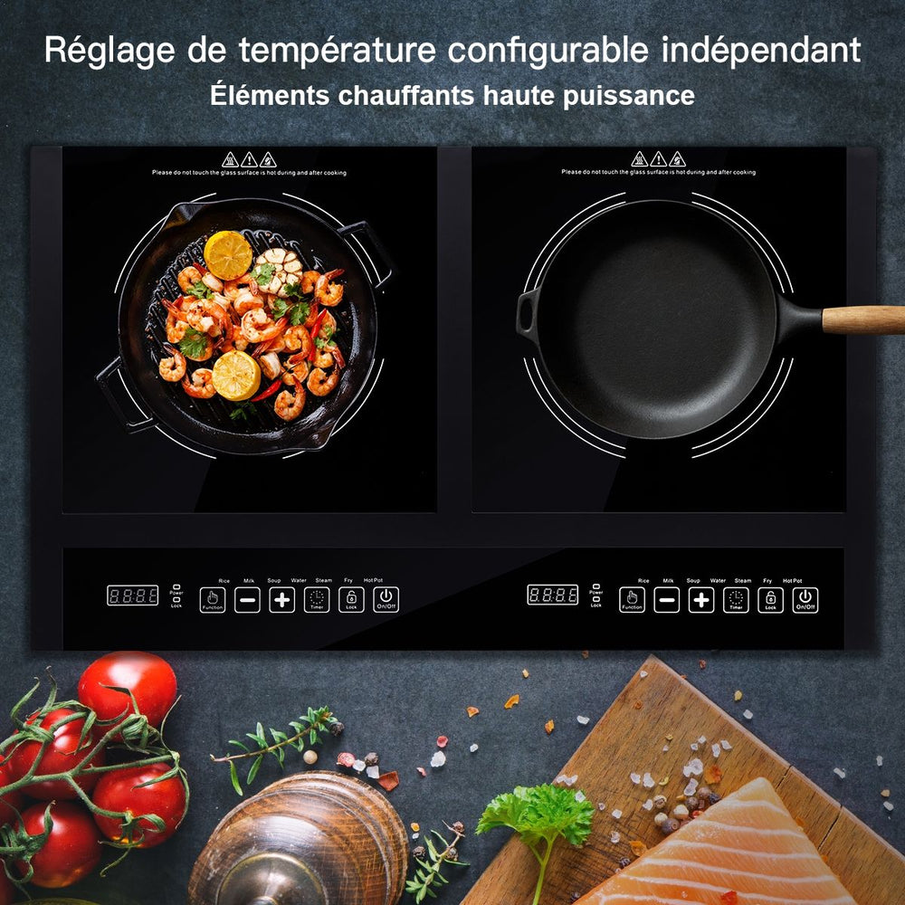 Double Plaque de Cuisson Electrique en Vitrocramique 1800W+1800W 2 Zones 8 Niveaux de Temprature/Puissance Variables Noir -