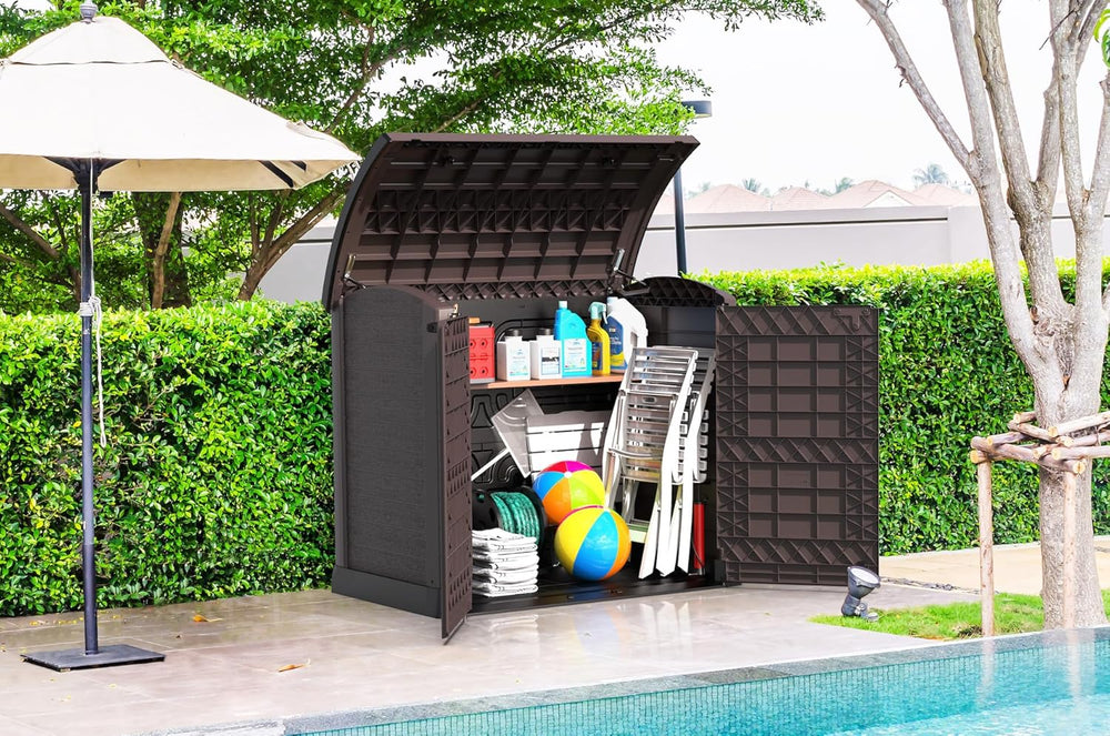 Duramax StoreAway 1200L Plastic Garden Shed/ Flat Lid,Outdoor Storage Shed,Wheelie Bin Hideaways,Wheelie bin box,Durable Construction,Ideal for Bikes,BBQs & 2x 240L Bins,145x85x125 cm,Brown