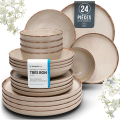 Ensemble Vaisselle en Grès 6 Personnes Rustique 24 pièces - Service de Table Rustique, Lavable au Lave-Vaisselle - Ensemble de Bols et Assiettes - Vaisselle de Table Pure Living en beige