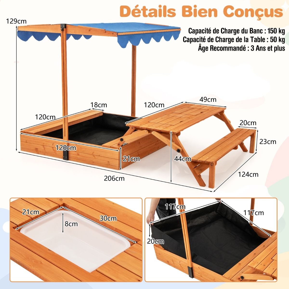 Bac à Sable en Bois pour Enfants avec Couvercle Aire de Jeux avec Table Sensorielle Pliable & Banc Parasol Ajustable pour 3+ Ans Naturel -