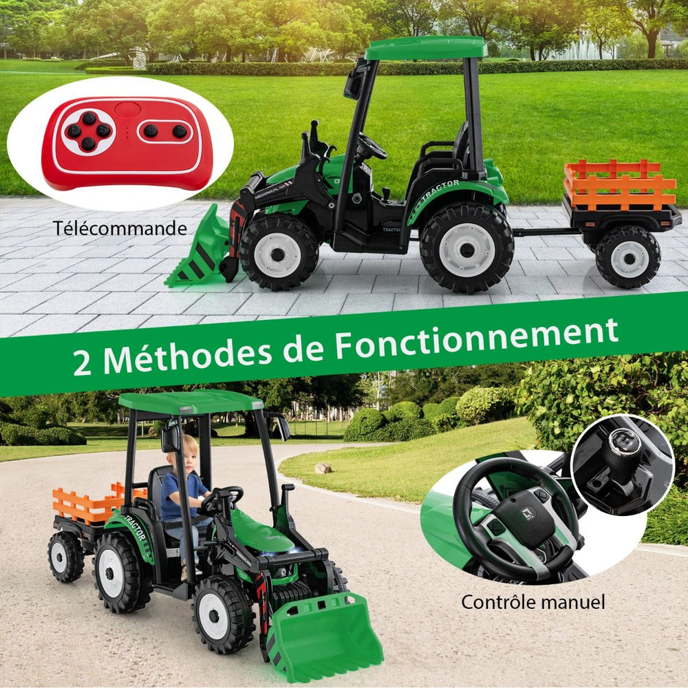 12V Tracteur lectrique Enfants avec Pelle&Remorque Amovible Vhicule lectrique  6 Roues avec Tlcommande & Musique 3-6 km/h pour 3-8 Ans Jaune/Vert -