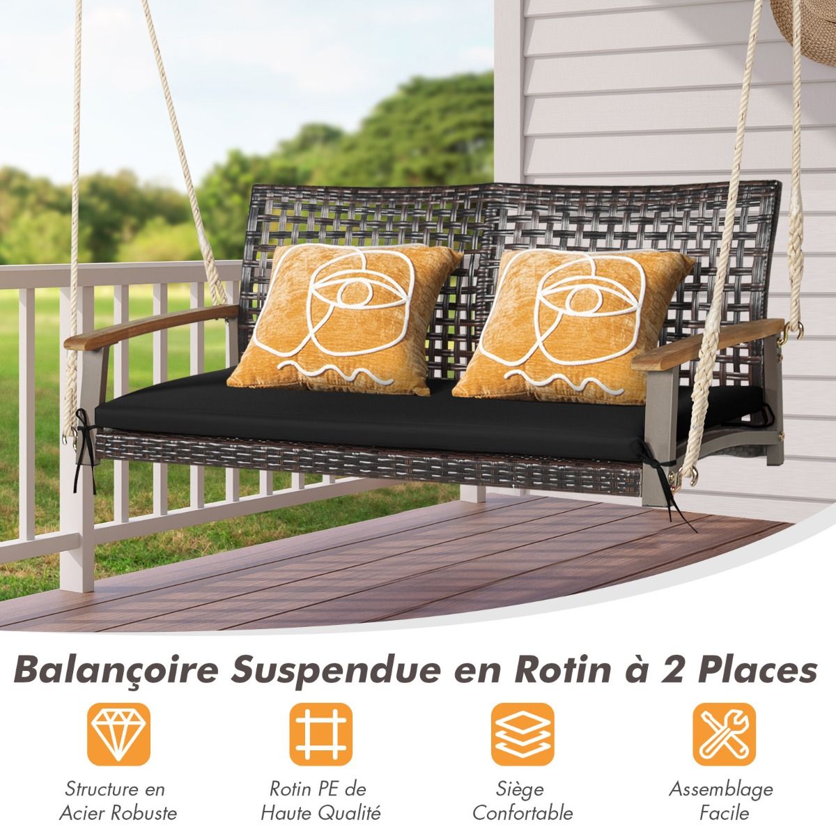 Banc Suspendu de Jardin en Rotin 2 Place Accoudoirs en Bois d'Acacia Cadre en Métal Coussin Cordes Crochets Blanc/Noir -