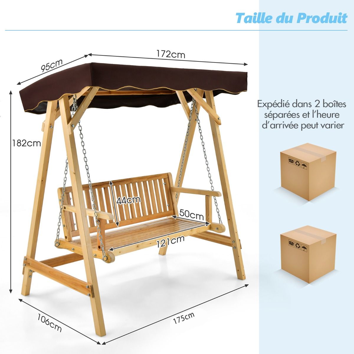 Balancelle de Jardin 2 Places en Bois avec Toit Inclinable Imperméable Chaîne Métallique Réglable Charge 240KG Cadre en A pour Jardin Véranda Cour -