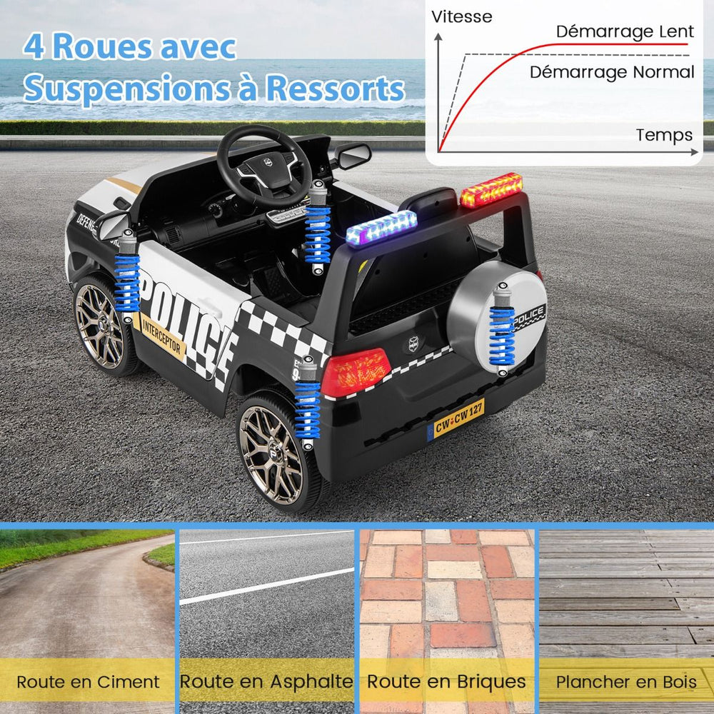 Voiture de Police Electrique Alimente par Batterie 12 V/7 A Tlcommande Connexion Sans Fil Musique Klaxon Sirne Lumires LED Blanc -