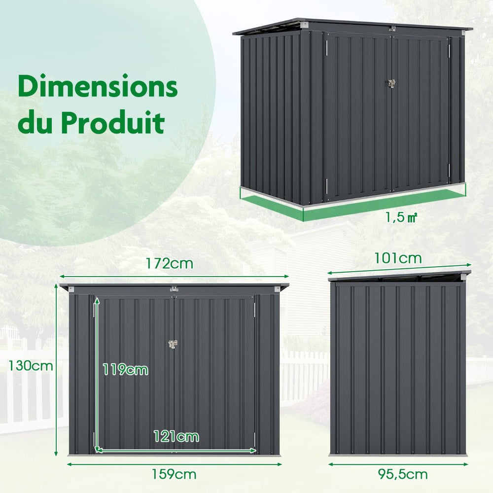 Abri de Stockage en Métal Galvanisé pour Poubelles Extérieur Abri de Jardin Verrouillable avec Toit Ouvert 2 Portes 172X95,5X130CM Gris -