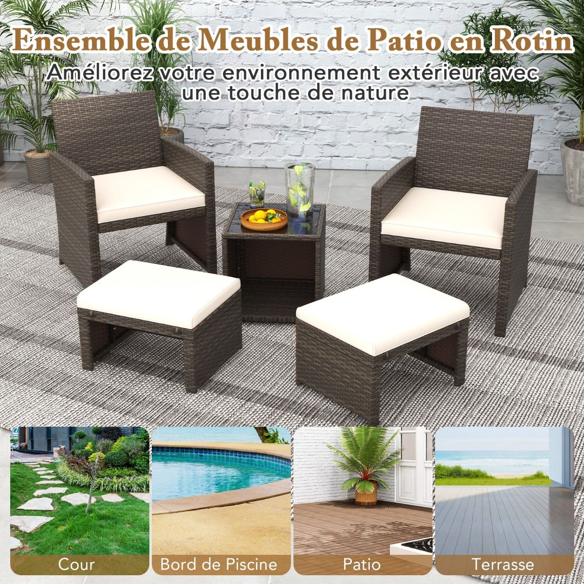 Ensemble Meuble de Salon 5PCS Salon de Jardin en Rotin PE avec Coussin pour Balcon Piscine Terrasse Gris/Blanc -