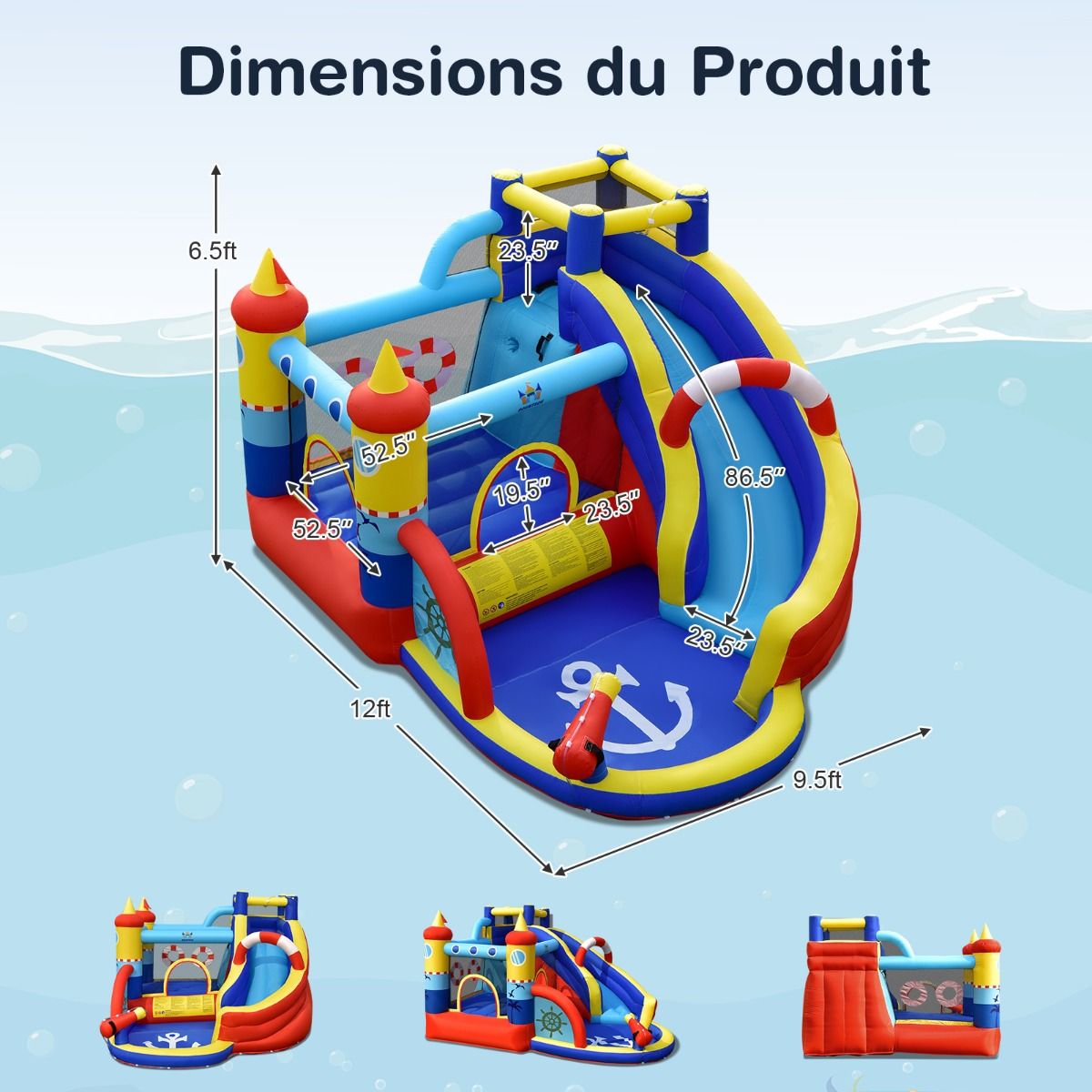 Ch芒teau Gonflable Style Bateau avec Toboggan Incurv Zone de Saut Mur d'Escalade Gonfleur non Inclus -