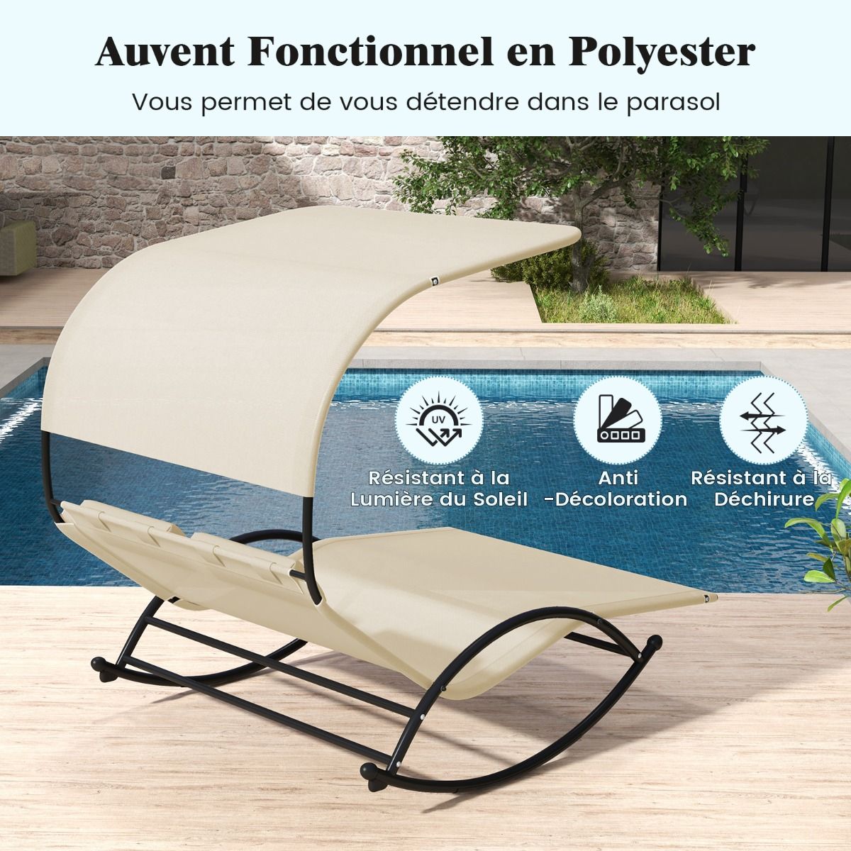 Chaise Longue Double Chaise  Bascule pour 2 Personnes 2 Appui-T锚tes Amovibles Cadre en Mtal Robuste Lit de Repos Ergonomique 2 Places Gris/Noir/Beige -