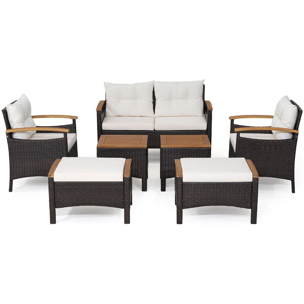 Ensemble de Canapés de Patio en Rotin PE 7 Pièces avec Coussins d'Assise et de Dossier 2 Poufs 2 Tables Basses Plateau de Table -