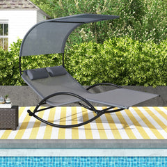 Chaise Longue Double Chaise  Bascule pour 2 Personnes 2 Appui-T锚tes Amovibles Cadre en Mtal Robuste Lit de Repos Ergonomique 2 Places Gris/Noir/Beige -