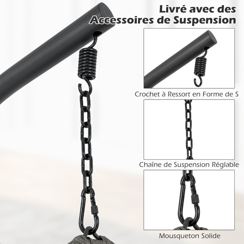 Chaise Oeuf en Rotin PE avec Support avec Oreiller et Coussin Chaise Suspendue avec Accessoires de Suspension Capacité 160 Kg Gris -