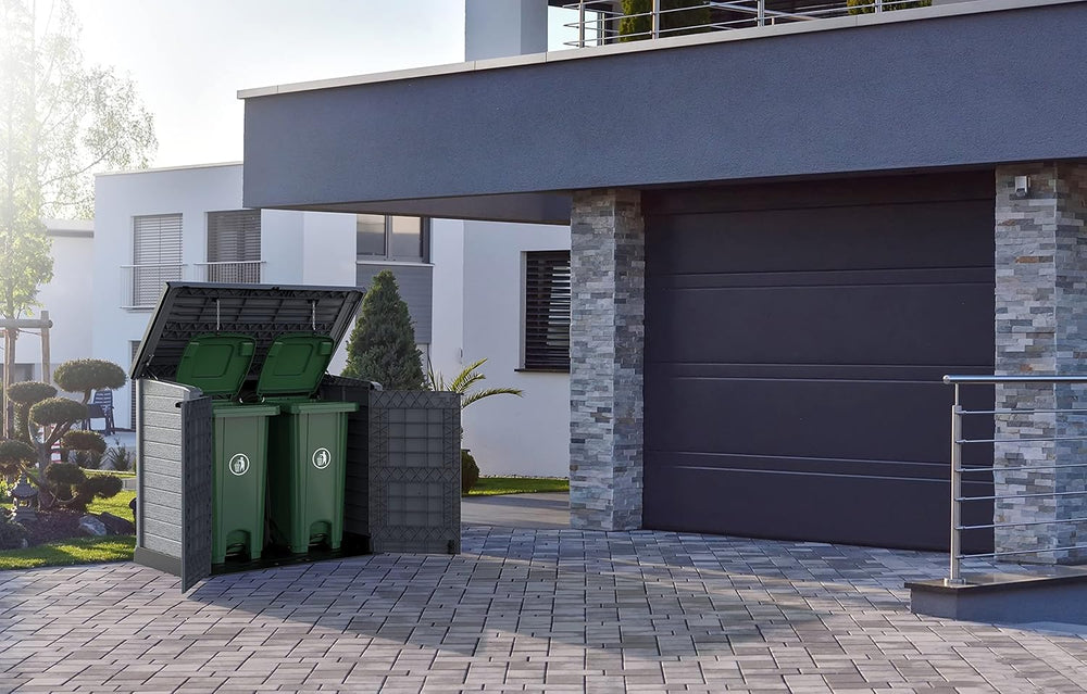 Duramax StoreAway 1200L Plastic Garden Shed/ Flat Lid,Outdoor Storage Shed,Wheelie Bin Hideaways,Wheelie bin box,Durable Construction,Ideal for Bikes,BBQs & 2x 240L Bins,145x85x125 cm,Brown