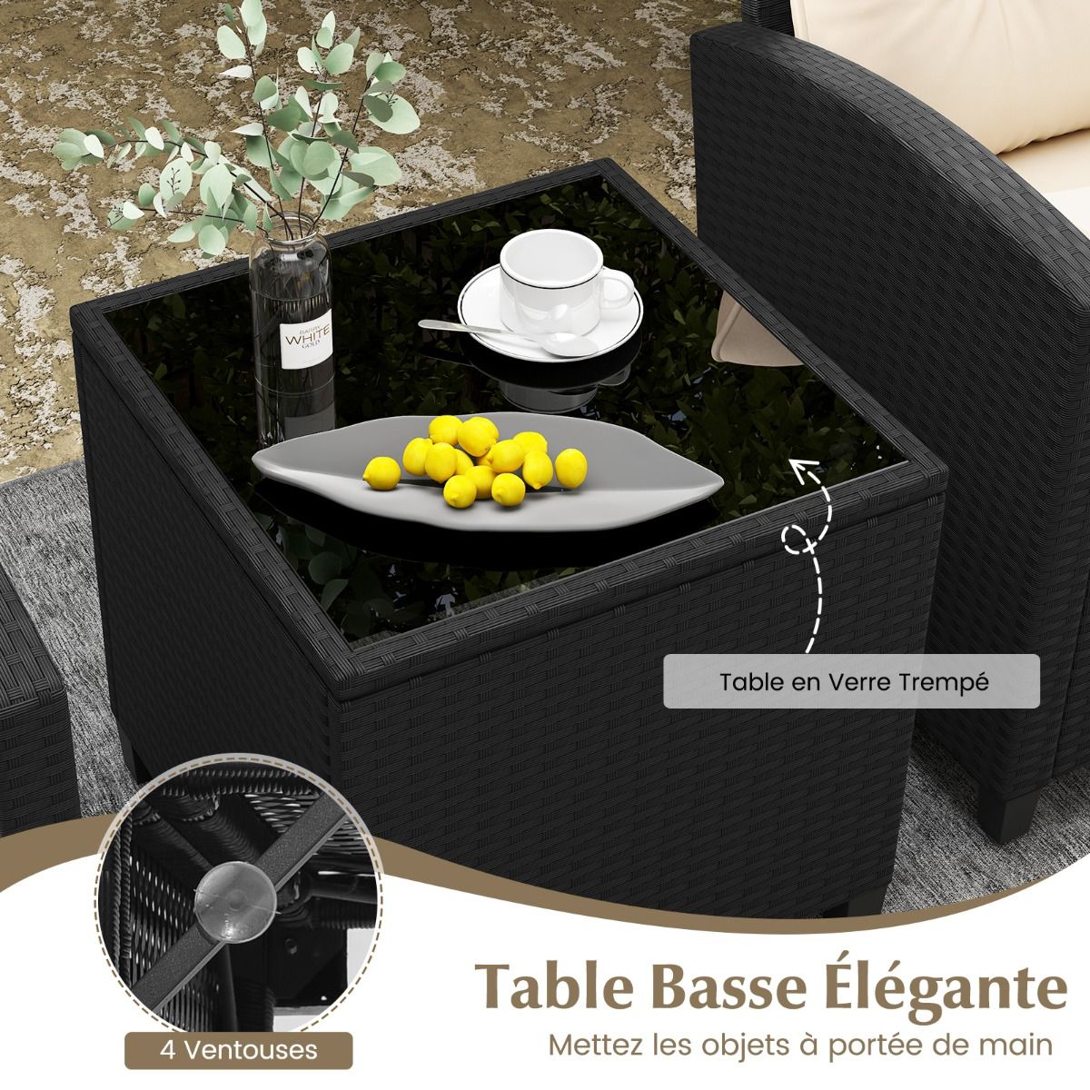 Ensemble de Meubles 3 Pièces de Patio en Rotin Charge 180KG Salon de Jardin 2 Fauteuils Table Basse avec Plateau Noir/Beige/Blanc -