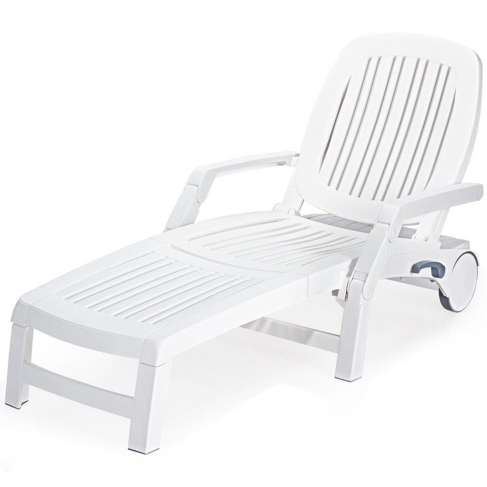 Chaise Longue Inclinable Rglable  5 Positions avec Roues Flexibles Fauteuil Relax de Camping avec Bo卯te de Rangement Charge 150KG Blanc -