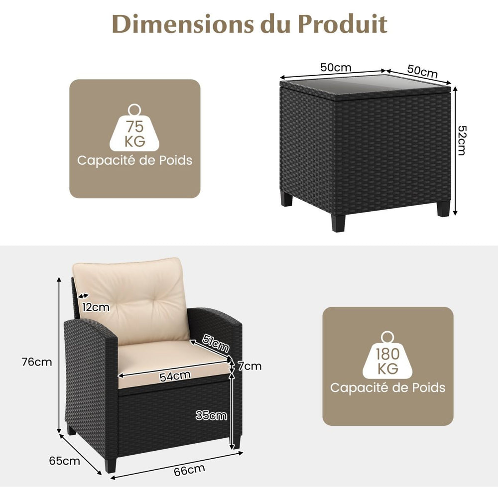 Ensemble de Meubles 3 Pices de Patio en Rotin Charge 180KG Salon de Jardin 2 Fauteuils Table Basse avec Plateau Noir/Beige/Blanc -