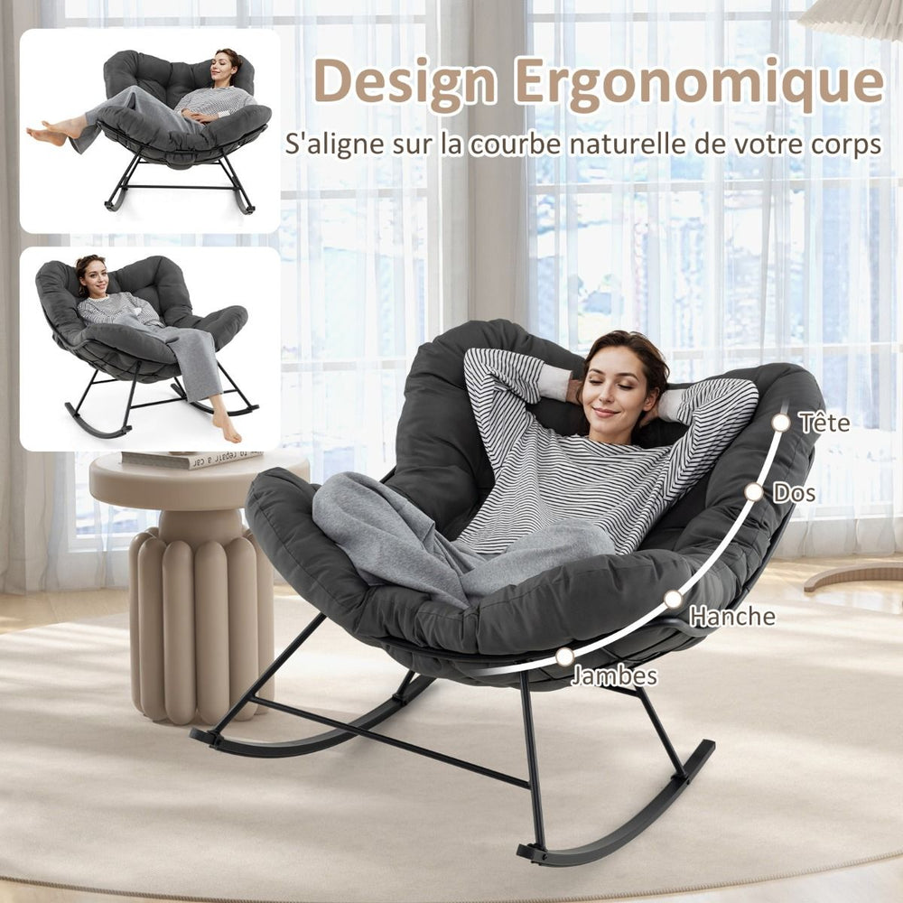 Chaise  Bascule d'Intrieur et d'Extrieur Chaise Papasan Surdimensionne avec Coussin Rembourr & Cadre en Mtal Capacit 205 Kg Gris -
