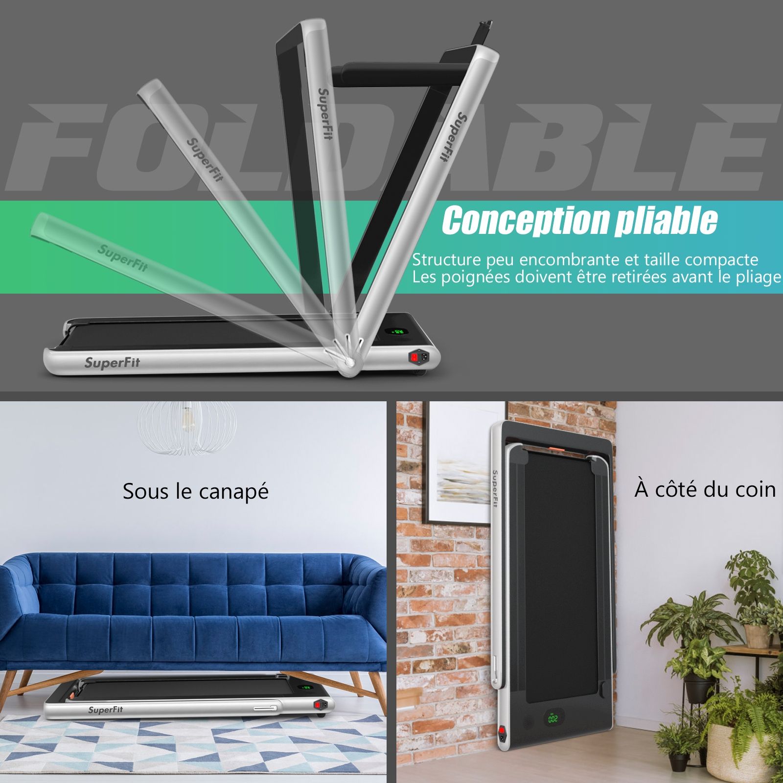2 en 1 Tapis de Course Electrique Pliable 1 à 12 Km/H avec Haut-parleur Bluetooth Télécommande Moteur 0,75HP Vert/Blanc/Noir/Rouge/Or/Noir et Argenté/Bleu -