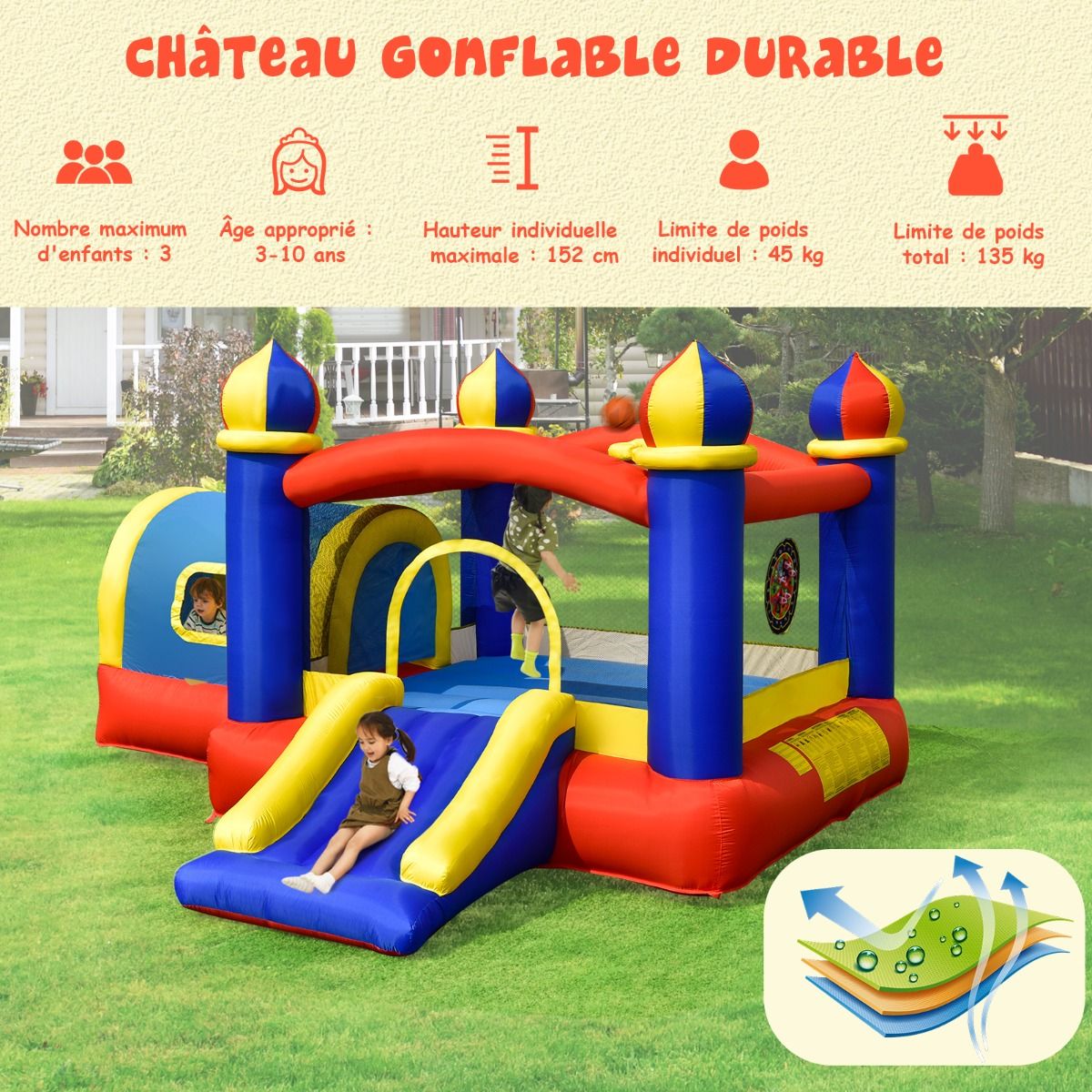 Château Gonflable pour Enfant avec Espace de Rebonds Petite Maison Toboggan Panier de Basket(sans Gonfleur) -