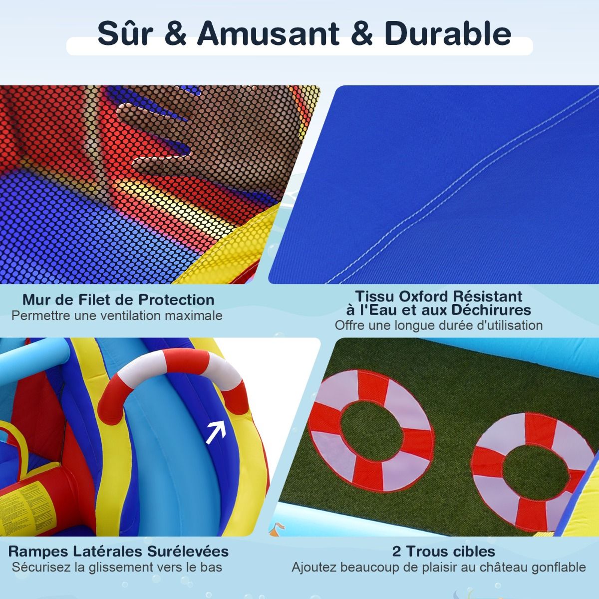 Château Gonflable Style Bateau avec Toboggan Incurvé Zone de Saut Mur d'Escalade avec Gonfleur 450 W -