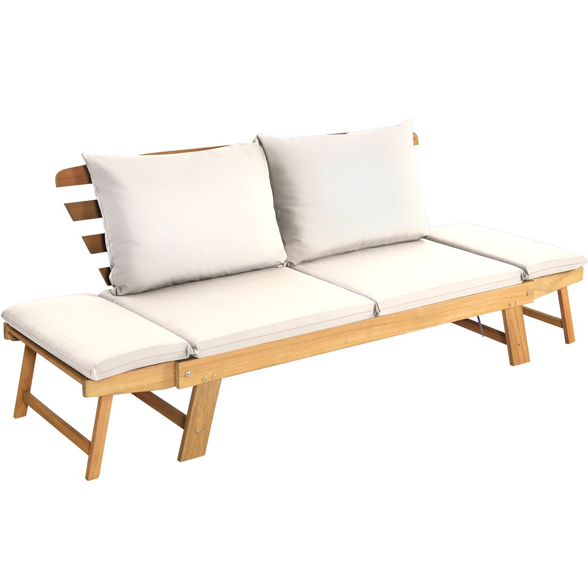 Chaise Longue Convertible avec Coussin Canapé de Jardin 2 en 1 en Bois d’Acacia avec Accoudoir Réglable pour Patio Piscine Jardin Blanc/Gris/Bleu/Rouge -