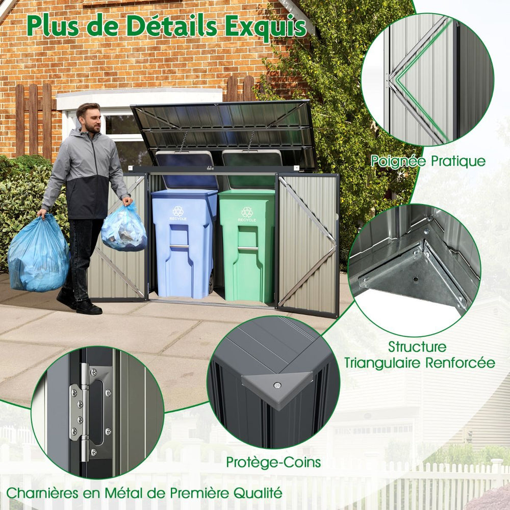 Abri de Stockage en Métal Galvanisé pour Poubelles Extérieur Abri de Jardin Verrouillable avec Toit Ouvert 2 Portes 172X95,5X130CM Gris -