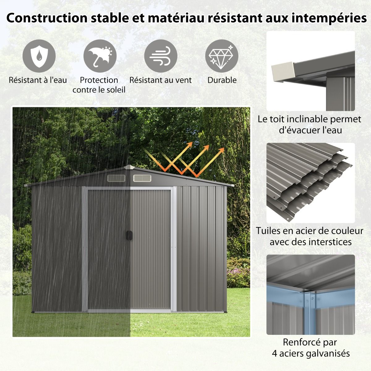 Abri de Jardin Métal Extérieur 9.74m³ Acier Galvanisé avec Fondation 4 Persiennes Double Porte et Rampe 260 x 207 x 181 cm Gris Foncé/Gris Clair -