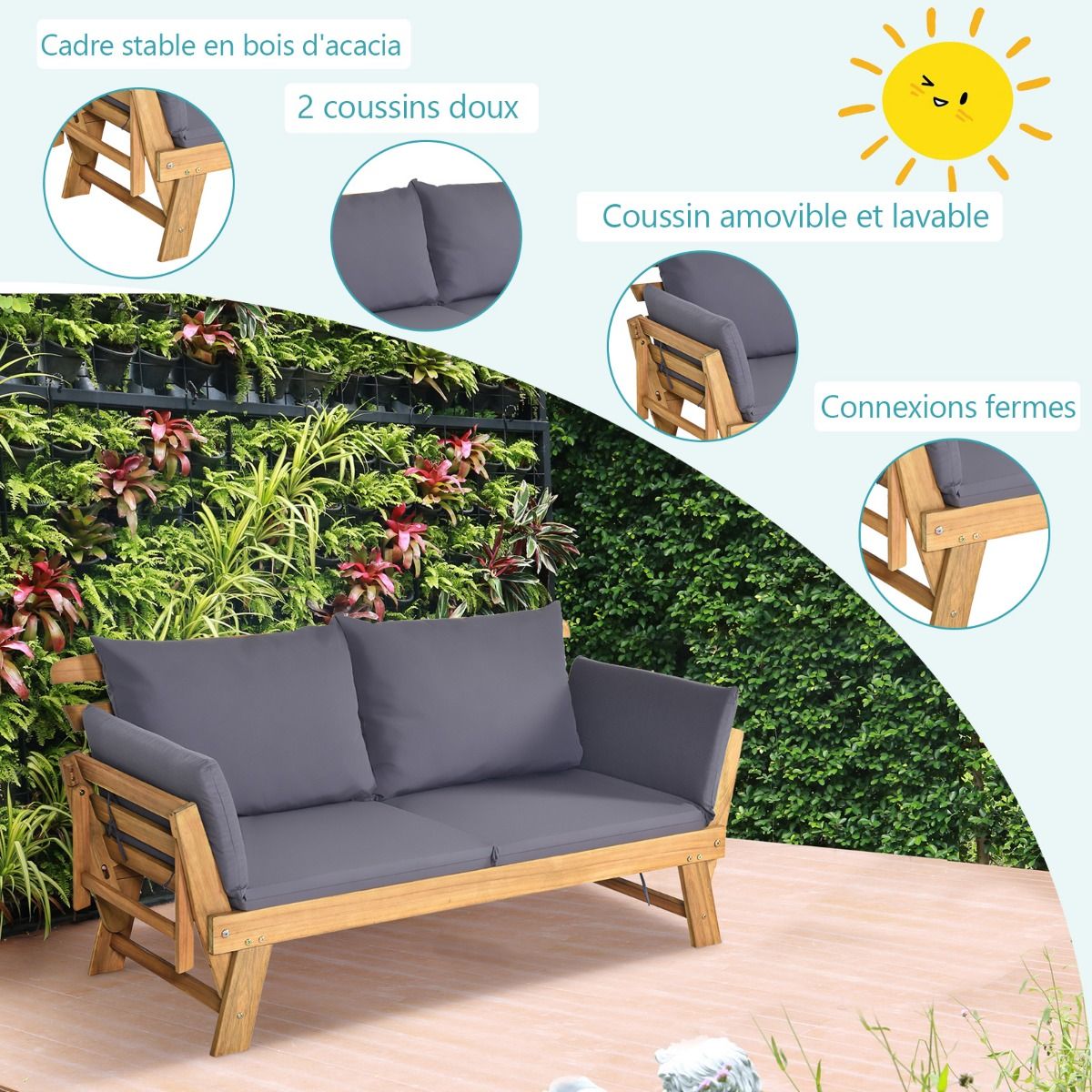 Chaise Longue Convertible avec Coussin Canapé de Jardin 2 en 1 en Bois d’Acacia avec Accoudoir Réglable pour Patio Piscine Jardin Blanc/Gris/Bleu/Rouge -