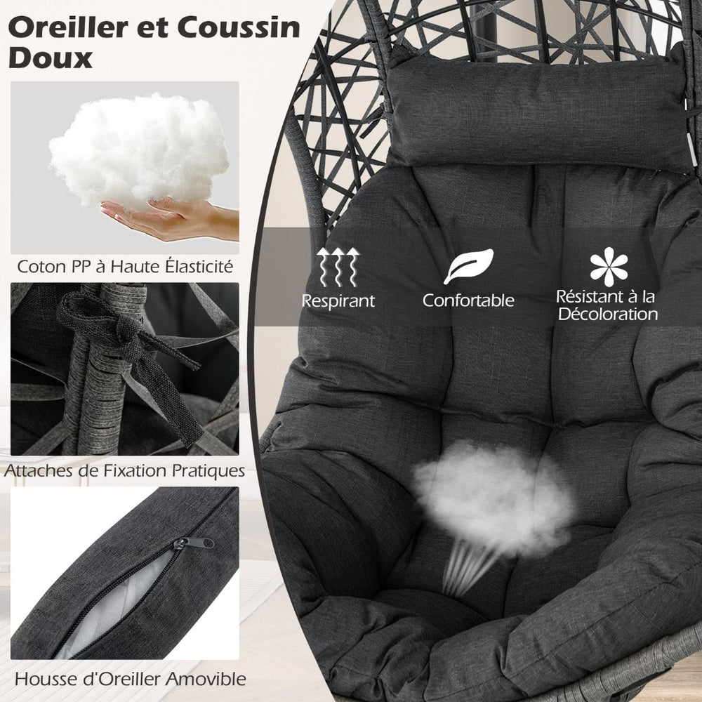 Chaise Oeuf en Rotin PE avec Support avec Oreiller et Coussin Chaise Suspendue avec Accessoires de Suspension Capacit 160 Kg Gris -