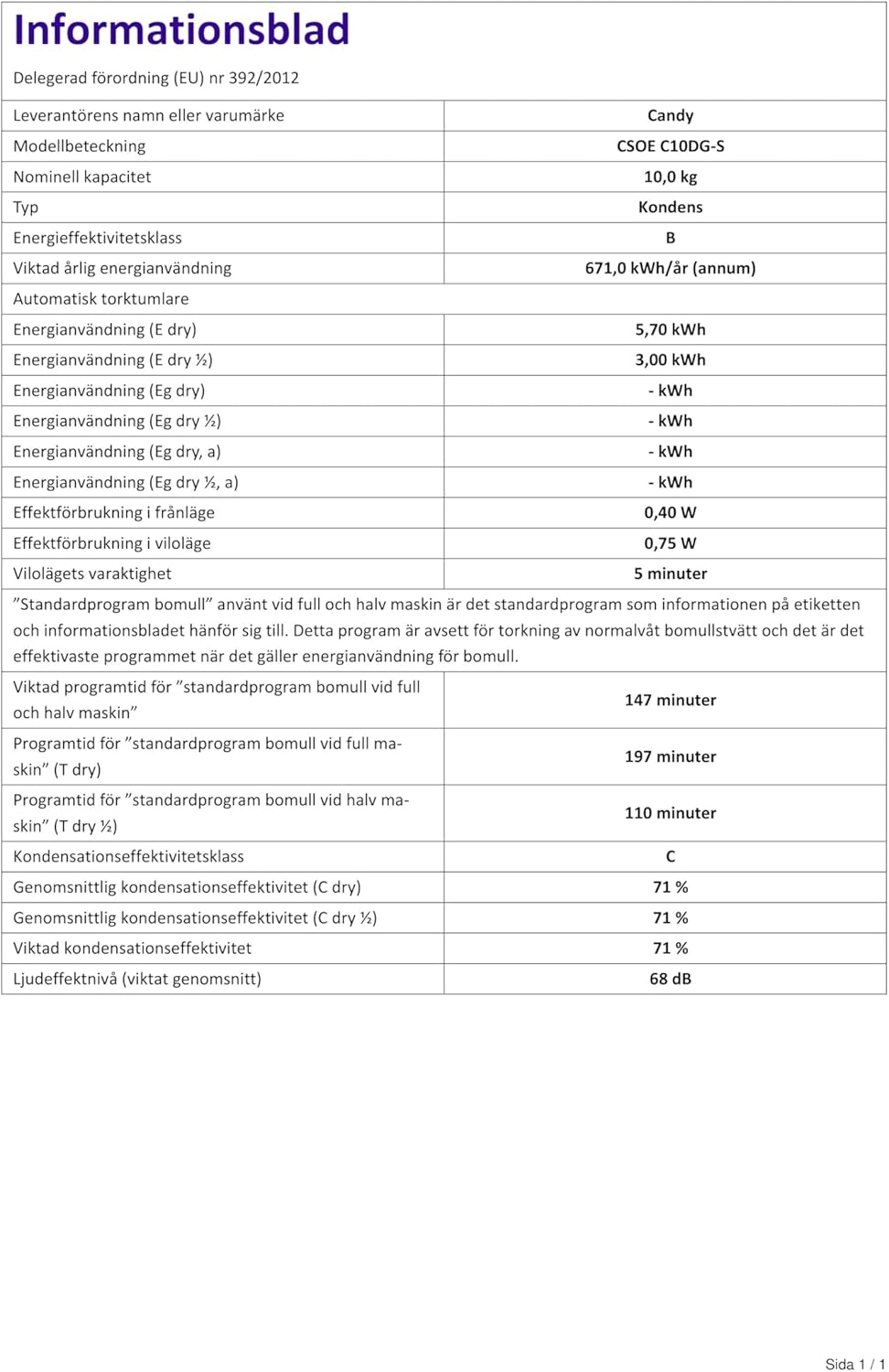 Sèche linge Condensation CSOEC10DG-S -