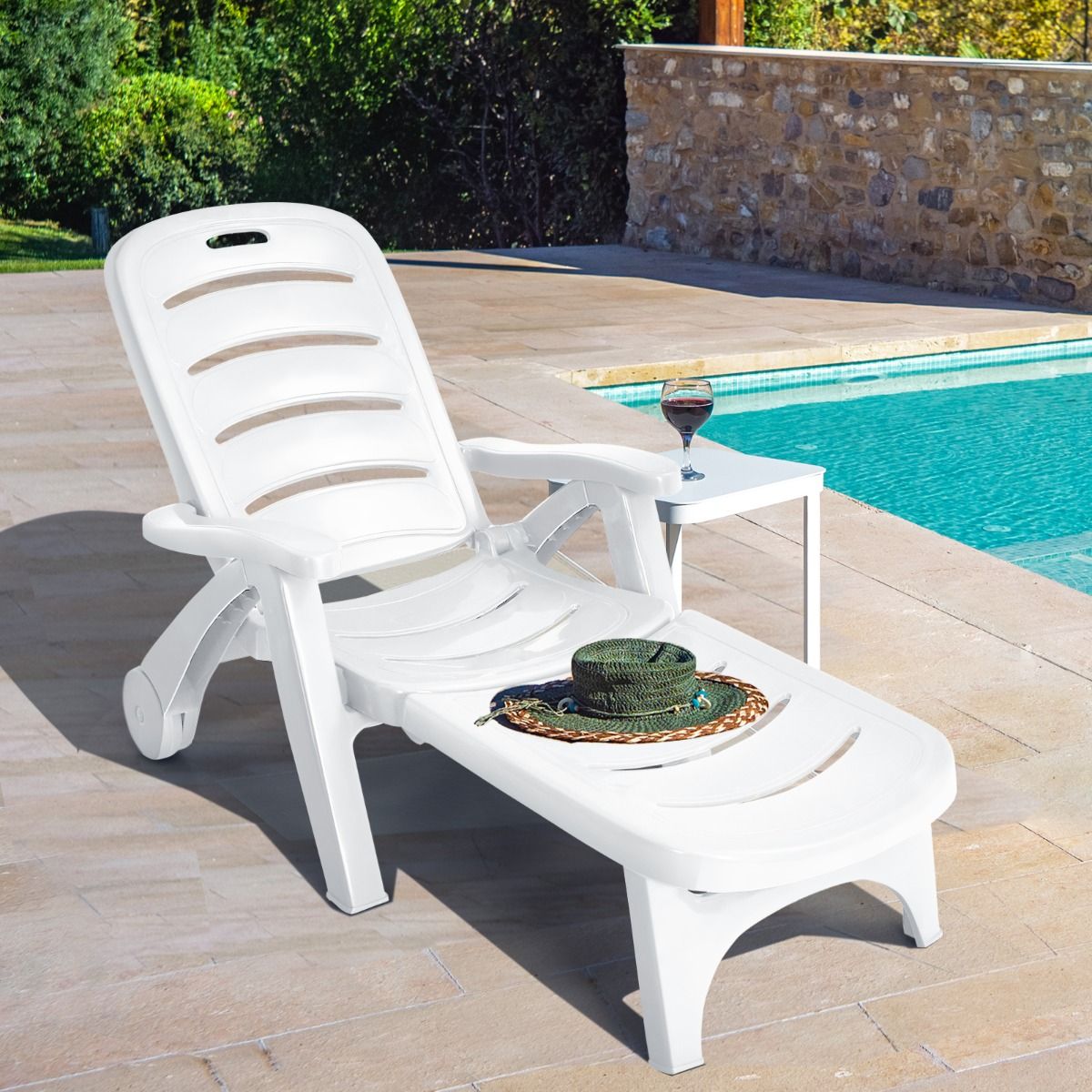 Chaise Longue Pliable Dossier Inclinable à 5 Positions avec Roues Intégrées pour Terrasse Jardin Piscine 150 kg Gris/Blanc/Bleu -