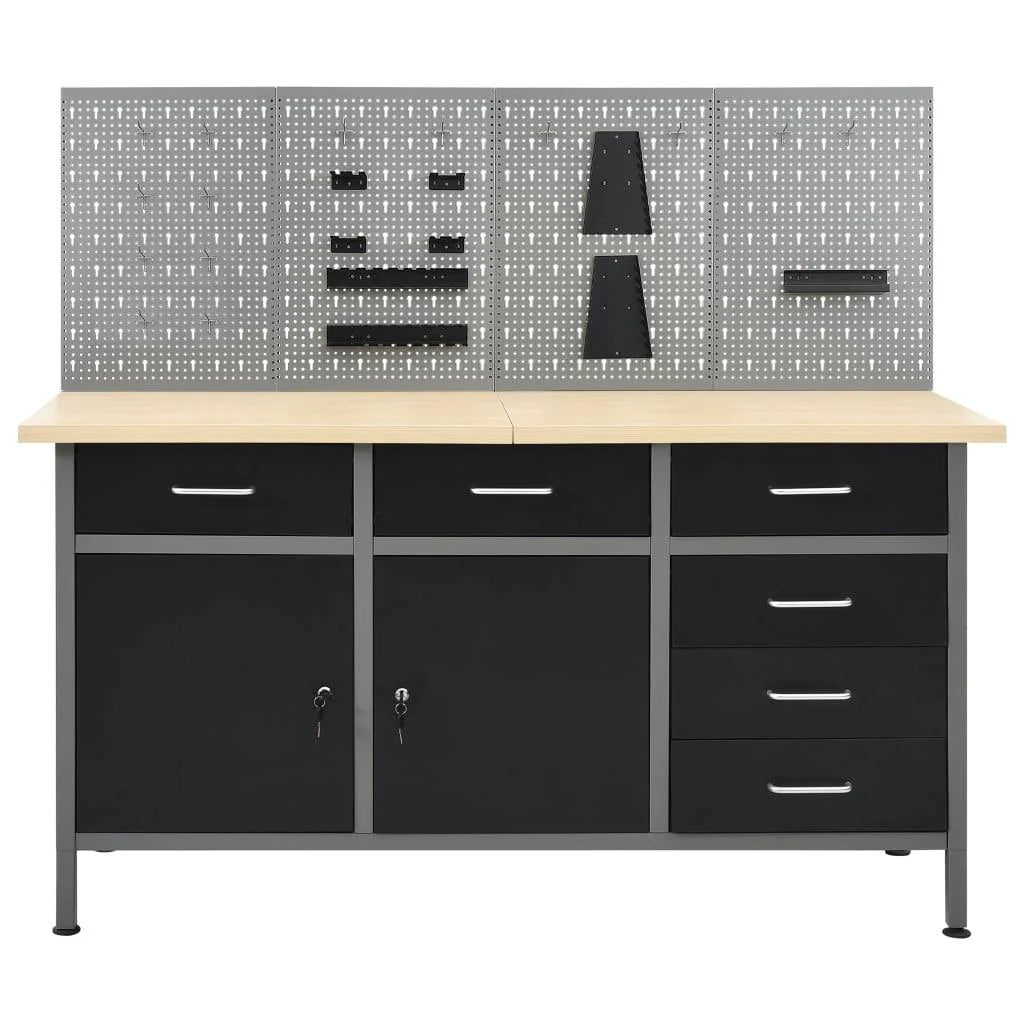 Etabli avec 4 panneaux muraux table de travail poste de travail stockage rangement d'outils 160 cm garage atelier pieds réglables en hauteur 02_0003666 -