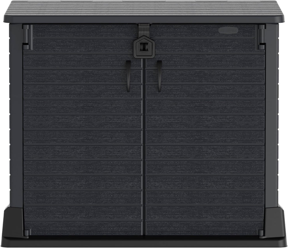 Duramax StoreAway 1200L Plastic Garden Shed/ Flat Lid,Outdoor Storage Shed,Wheelie Bin Hideaways,Wheelie bin box,Durable Construction,Ideal for Bikes,BBQs & 2x 240L Bins,145x85x125 cm,Brown