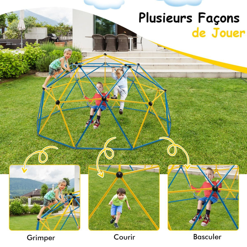 Dôme d'Escalade de 305cm avec Balançoire Cage d'Escalade en Métal Charge Max 363 kg Intérieur Extérieur pour Enfants de 3-10 Ans Jaune/Rouge -