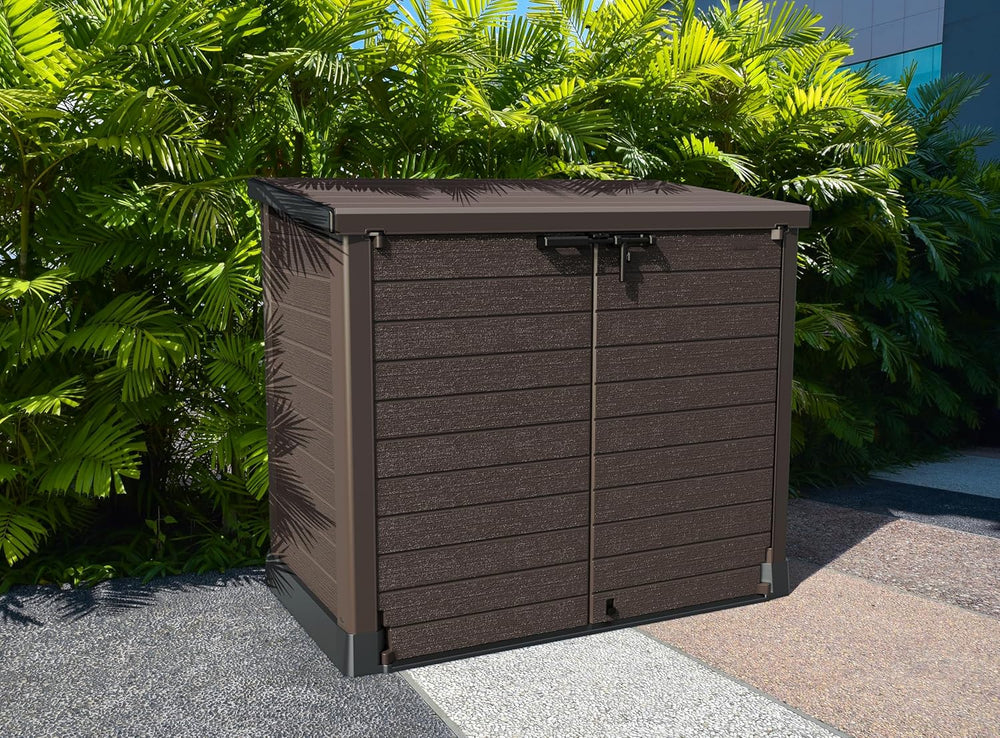 Duramax StoreAway 1200L Plastic Garden Shed/ Flat Lid,Outdoor Storage Shed,Wheelie Bin Hideaways,Wheelie bin box,Durable Construction,Ideal for Bikes,BBQs & 2x 240L Bins,145x85x125 cm,Brown