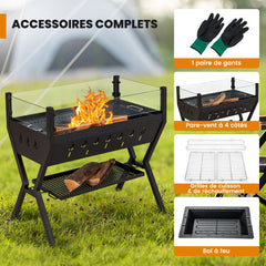 Barbecue  Charbon de Bois Gril au Charbon de Bois en Acier Inoxydable avec Pare-vent Supports d'Assaisonnement tagre de Rangement Marron -