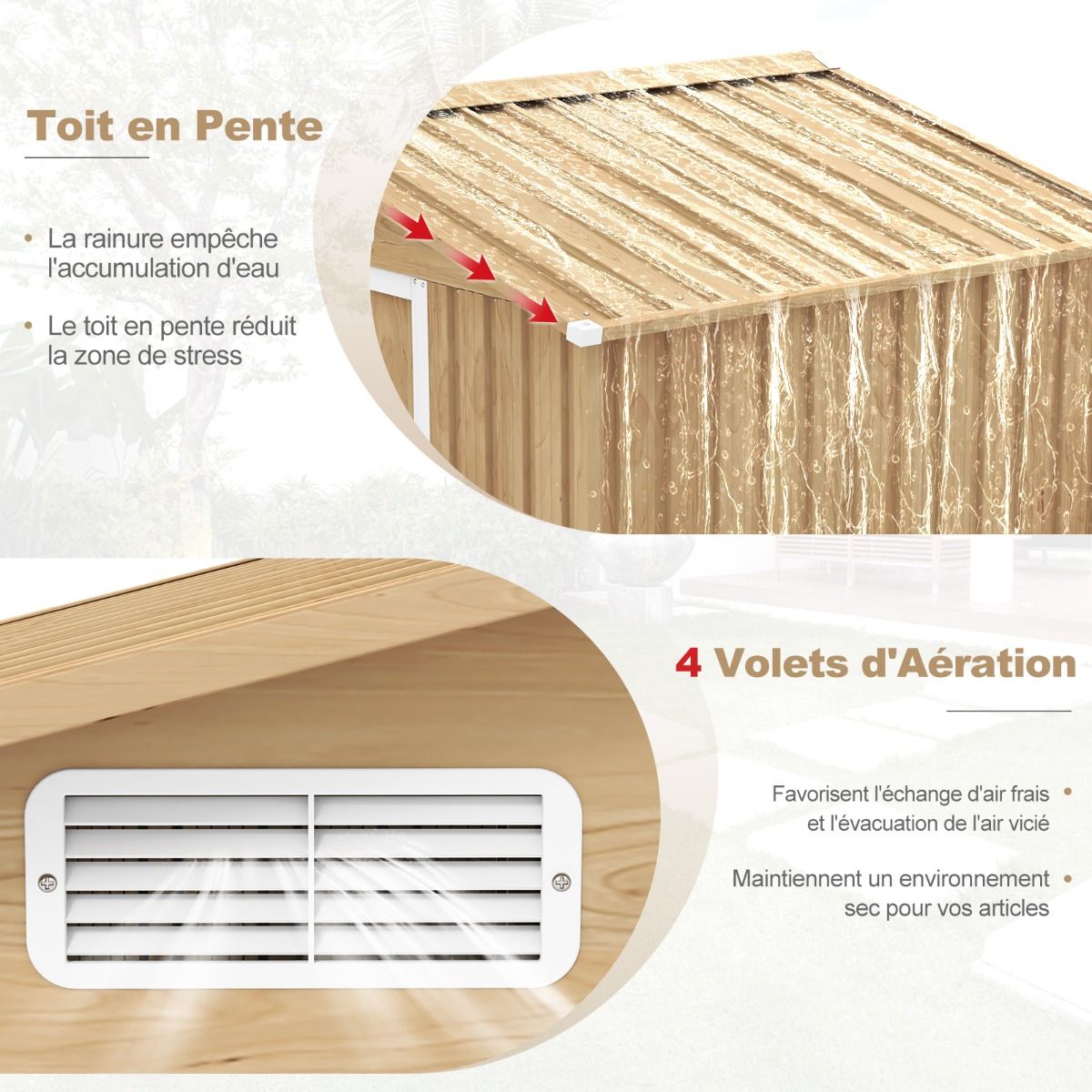 Abri de Rangement 259cm x196cm avec Base de Fondation Maison  Outils en Mtal Galvanis avec 4 Arations Impermable et Coupe-vent Naturel -
